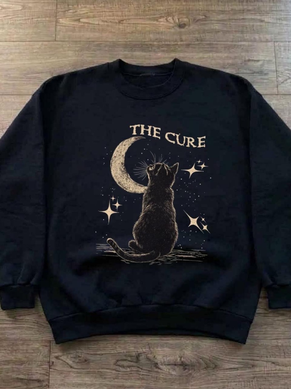Gildan Black Sweatshirt with Gold Cat & Moon 'The Cure' Graphic
